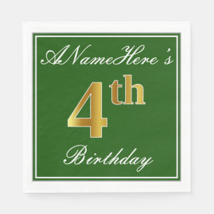 Serviette En Papier Elégant Vert, Faux Or 4ème Anniversaire ; Nom pers