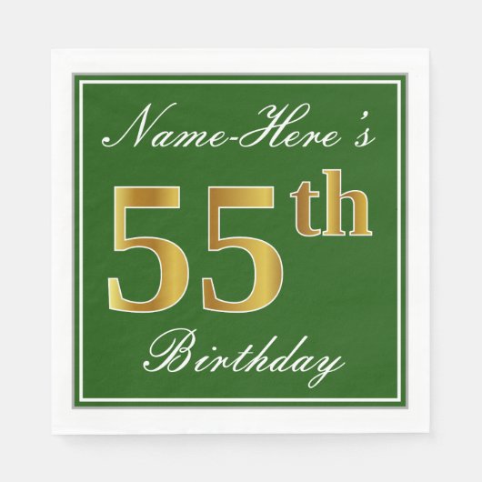 Serviette En Papier Elégant Vert, Faux Or 55ème Anniversaire + Nom (Devant)