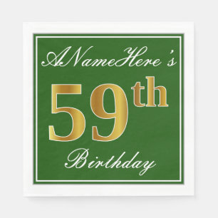 Serviette En Papier Elégant Vert, Faux Or 59ème Anniversaire + Nom