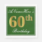 Serviette En Papier Elégant Vert, Faux Or 60ème Anniversaire + Nom (Devant)