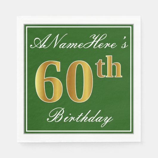 Serviette En Papier Elégant Vert, Faux Or 60ème Anniversaire + Nom (Devant)