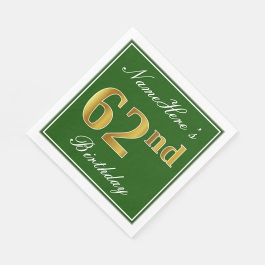 Serviette En Papier Elégant Vert, Faux Or 62ème Anniversaire + Nom (Coin)