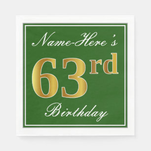 Serviette En Papier Elégant Vert, Faux Or 63ème Anniversaire + Nom