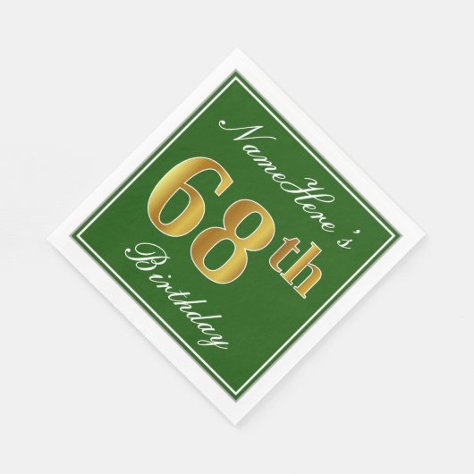 Serviette En Papier Elégant Vert, Faux Or 68ème Anniversaire + Nom (Coin)