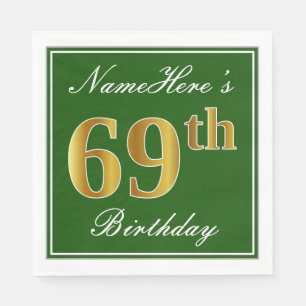 Serviette En Papier Elégant Vert, Faux Or 69ème Anniversaire + Nom