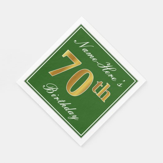 Serviette En Papier Elégant Vert, Faux Or 70ème Anniversaire + Nom (Coin)