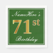 Serviette En Papier Elégant Vert, Faux Or 71ème Anniversaire + Nom (Devant)