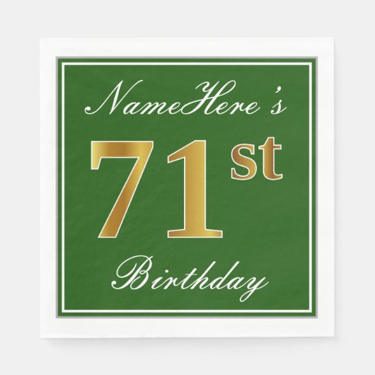 Serviette En Papier Elégant Vert, Faux Or 71ème Anniversaire + Nom (Devant)