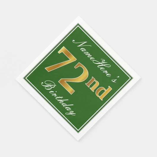 Serviette En Papier Elégant Vert, Faux Or 72ème Anniversaire + Nom (Coin)
