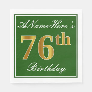 Serviette En Papier Elégant Vert, Faux Or 76ème Anniversaire + Nom