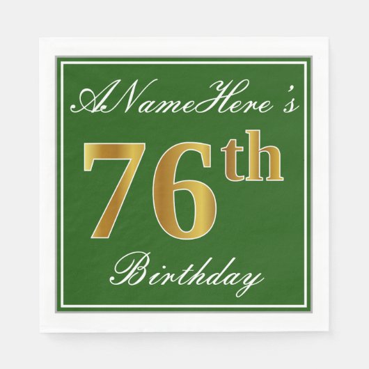 Serviette En Papier Elégant Vert, Faux Or 76ème Anniversaire + Nom (Devant)