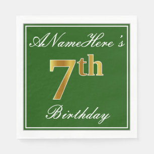 Serviette En Papier Elégant Vert, Faux Or 7ème Anniversaire ; Nom pers