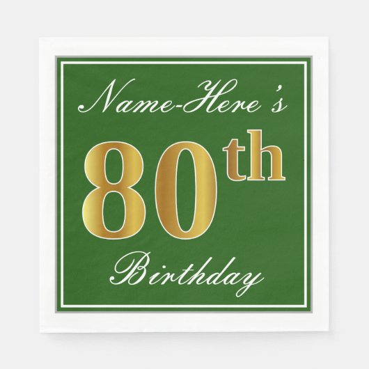 Serviette En Papier Elégant Vert, Faux Or 80ème Anniversaire + Nom (Devant)