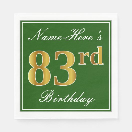 Serviette En Papier Elégant Vert, Faux Or 83ème Anniversaire + Nom (Devant)