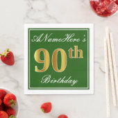 Serviette En Papier Elégant Vert, Faux Or 90ème Anniversaire + Nom (En situation)