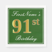 Serviette En Papier Elégant Vert, Faux Or 91ème Anniversaire + Nom (Devant)