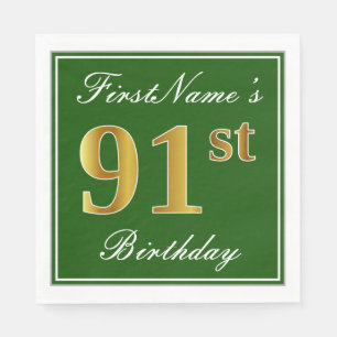 Serviette En Papier Elégant Vert, Faux Or 91ème Anniversaire + Nom