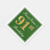 Serviette En Papier Elégant Vert, Faux Or 91ème Anniversaire + Nom (Coin)