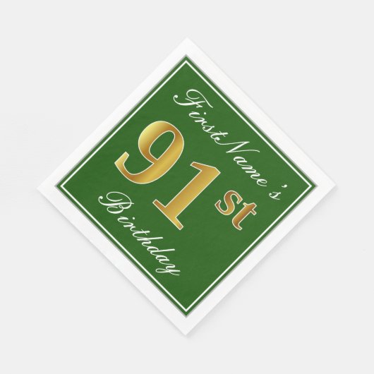 Serviette En Papier Elégant Vert, Faux Or 91ème Anniversaire + Nom (Coin)
