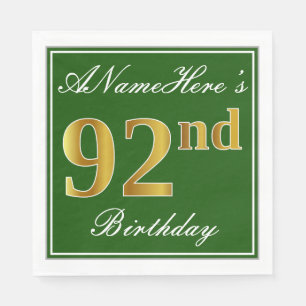 Serviette En Papier Elégant Vert, Faux Or 92ème Anniversaire + Nom