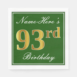 Serviette En Papier Elégant Vert, Faux Or 93ème Anniversaire + Nom