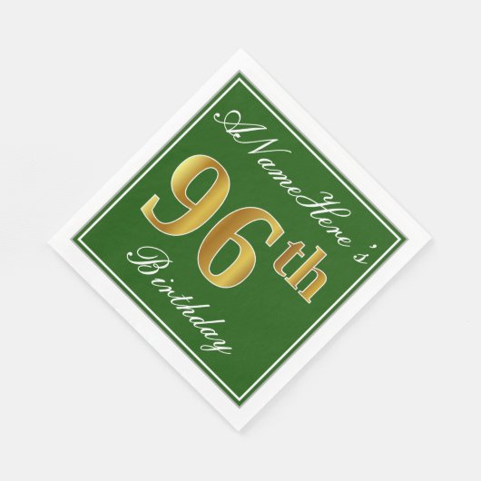 Serviette En Papier Elégant Vert, Faux Or 96ème Anniversaire + Nom (Coin)