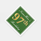 Serviette En Papier Elégant Vert, Faux Or 97ème Anniversaire + Nom (Coin)