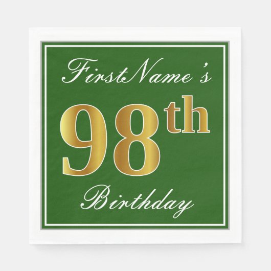 Serviette En Papier Elégant Vert, Faux Or 98ème Anniversaire + Nom (Devant)