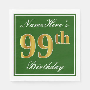 Serviette En Papier Elégant Vert, Faux Or 99ème Anniversaire + Nom