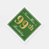 Serviette En Papier Elégant Vert, Faux Or 99ème Anniversaire + Nom (Coin)