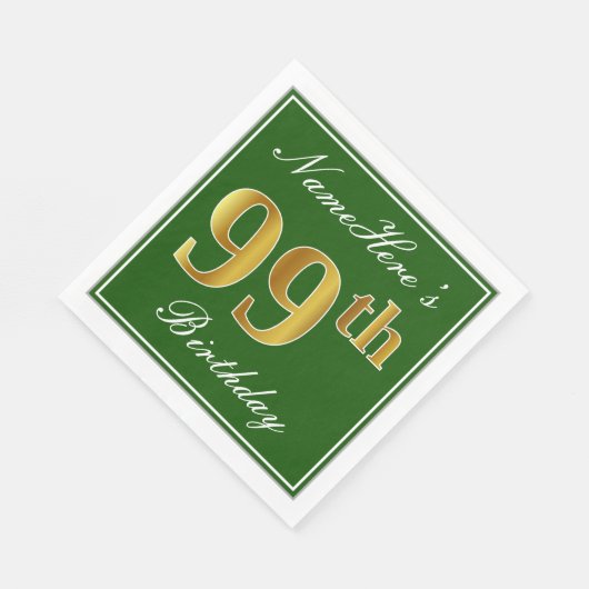 Serviette En Papier Elégant Vert, Faux Or 99ème Anniversaire + Nom (Coin)
