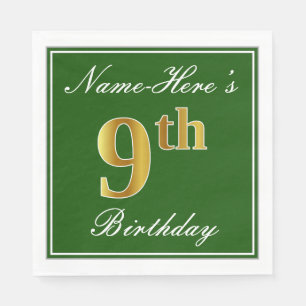 Serviette En Papier Elégant Vert, Faux Or 9e Anniversaire; Nom personn