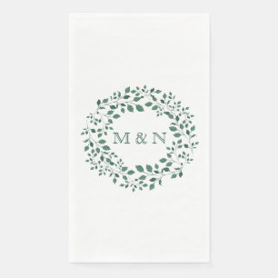 Serviette En Papier Élégant Vert Feuille Aquarelle Wreath Monogramme
