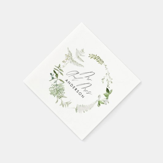 Serviette En Papier Élégant vert mariage de script botanique moderne (Coin)