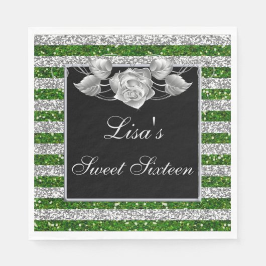 Serviette En Papier Elégant Vert Parties scintillant Argent Rose argen (Devant)