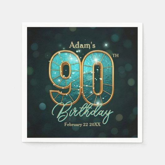 Serviette En Papier Elegant Vibrant Teal and Gold 90th Birthday (Devant)