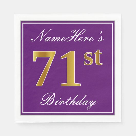 Serviette En Papier Élégant Violet, Doré Faux 71e Anniversaire + Nom (Devant)