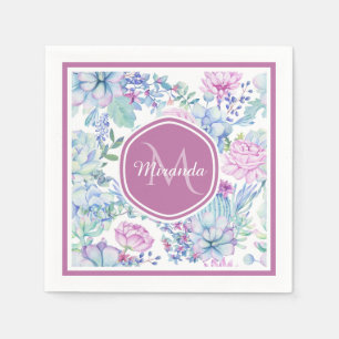 Serviette En Papier Élégant violet et bleu Succulent Floral avec nom