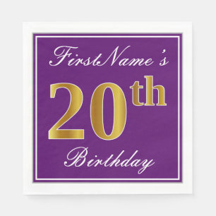 Serviette En Papier Élégant violet, Faux Gold 20e anniversaire + Nom