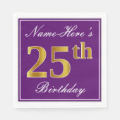 Serviette En Papier Élégant violet, Faux Gold 25ème anniversaire + Nom (Devant)