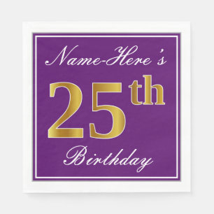Serviette En Papier Élégant violet, Faux Gold 25ème anniversaire + Nom