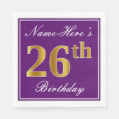 Serviette En Papier Élégant violet, Faux Gold 26ème anniversaire + Nom (Devant)