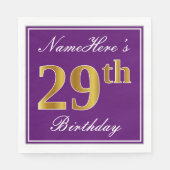Serviette En Papier Élégant violet, Faux Gold 29ème anniversaire + Nom (Devant)