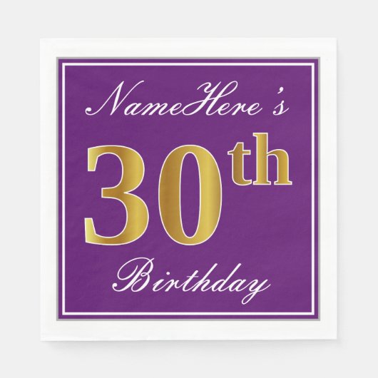 Serviette En Papier Elégant violet, Faux Gold 30e anniversaire + Nom (Devant)