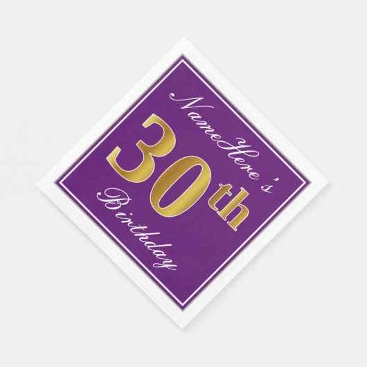 Serviette En Papier Elégant violet, Faux Gold 30e anniversaire + Nom (Coin)