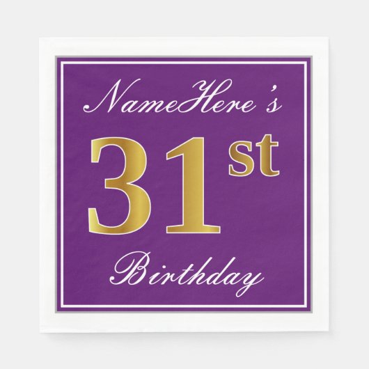 Serviette En Papier Elégant violet, Faux Gold 31ème anniversaire + Nom (Devant)