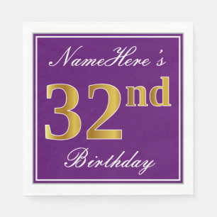 Serviette En Papier Élégant violet, Faux Gold 32ème anniversaire + Nom