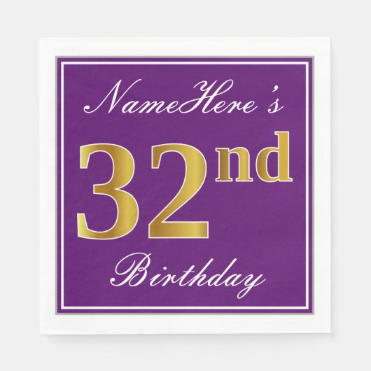 Serviette En Papier Élégant violet, Faux Gold 32ème anniversaire + Nom (Devant)