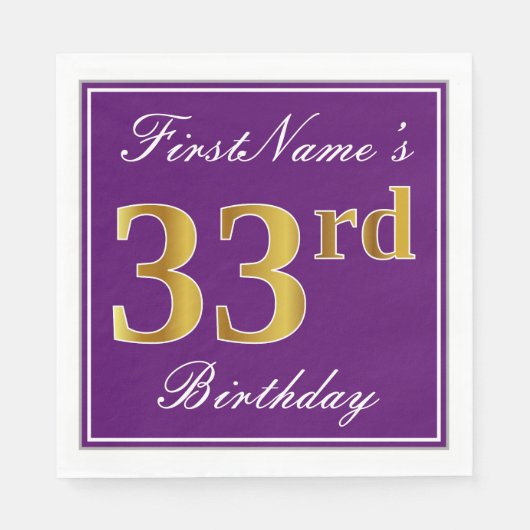 Serviette En Papier Elégant violet, Faux Gold 33ème anniversaire + Nom (Devant)