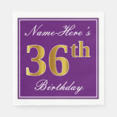 Serviette En Papier Elégant violet, Faux Gold 36ème anniversaire + Nom (Devant)